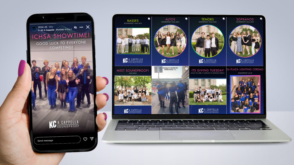 Screenshot of KC A Cappella's Intsagram Story and Instagram Grid created by the students with the Canva Brand Kit provided.