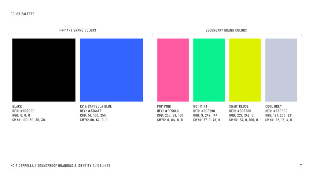 KC A Cappella color palette from the branding & identity guidelines.
