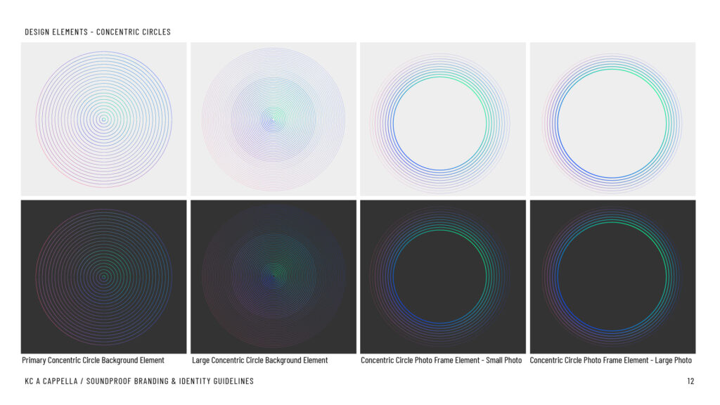 KC A Cappella concentric circles design elements from the branding & identity guidelines.
