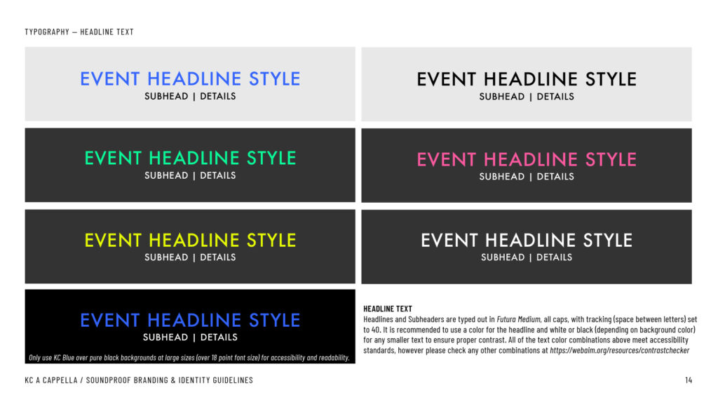 KC A Cappella example typography page from the branding & identity guidelines.