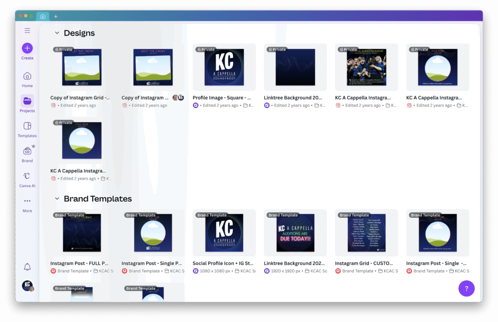 Turnkey KC A Cappella social media post templates provided in Canva Brand Kit