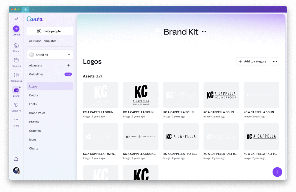 KC A Cappella logos in the Canva Brand Kit